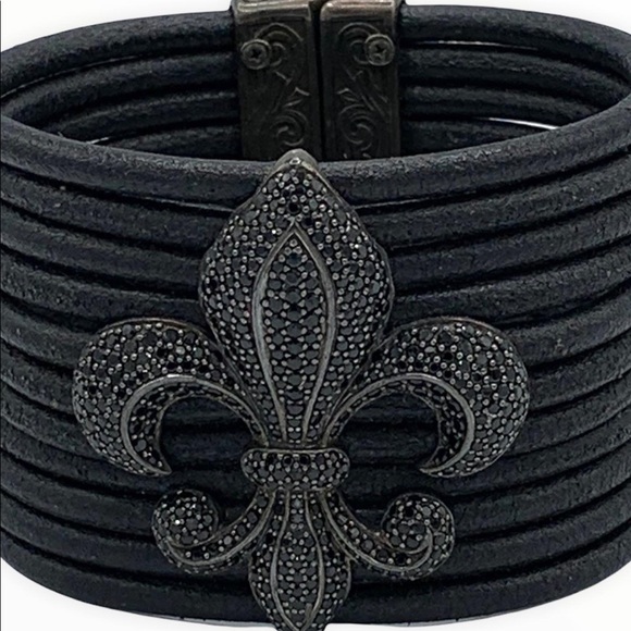 $7️⃣5️⃣0️⃣SCOTT KAY 925 Sterling Fleur-de-Lis Black Spinel Leather Bracelet - Picture 1 of 4